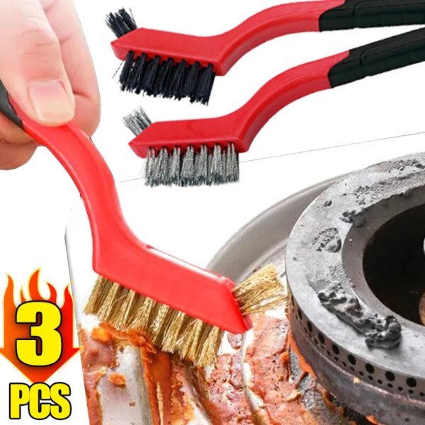 3/1Pcs Wire Cleaning Brush Nylon/Brass/Stainless Steel Bristles Rust Dirt Paint Scrubbing Brush Kitchen Gas Stove Cleaning Tools