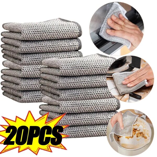 30/2pcs Magic Dishcloth Silver Wire Cleaning Cloths Kitchen Dish Pot Washing Cloth Double-sided Thickened Towels Steel Wire Rags