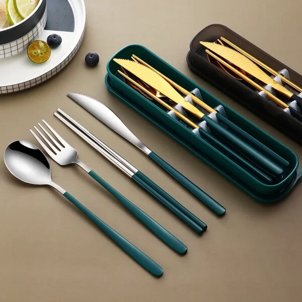 304 Dinnerware Set Eco Friendly Dish Kitchen Accessories Silverware Sets Gold Knife Fork Spoon Portable Cutlery Sets with Case