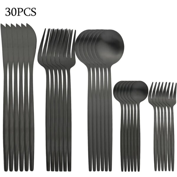 30Pcs Stainless Steel Cutlery Set Dinner Black Dinnerware Set Knife Fruit Fork Spoon Kitchen Tableware Matte Silverware Sets