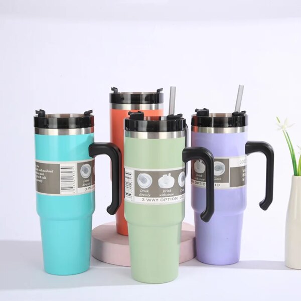 30oz Stainless Steel Vacuum Insulated Tumbler with Lid Thermal Coffee Car Cup Travel Mug Large Capacity with Handle Straw Mug