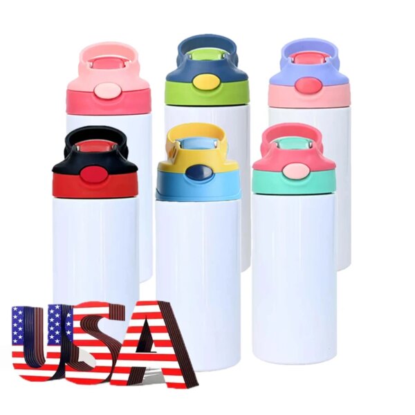 30pack USA Warehouse bulk 12oz Straight Sublimation Kids Flip Top Tumblers Kids Water Bottle