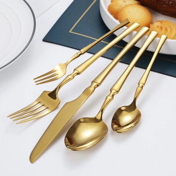 30pcs Bright Gold Dinnerware Set Stainless Steel Tableware Knife Tea Fork Coffee Spoon Flatware Dishwasher Safe Dinner Cutlery