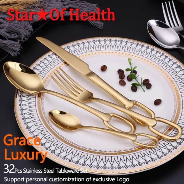 32Pcs Creativity European Style Luxury Cutlery Set Knife Fork Spoon Stainless Steel Tableware Elegant Dinnerware Hangable Design