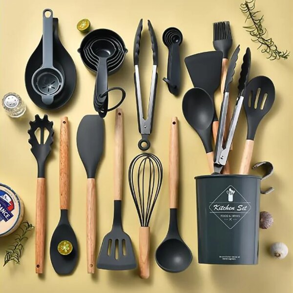 34Pcs Silicone Utensils Set Black Non-Stick Cookware Wooden Handle Spatula Shovel Egg Beaters Kitchenware Kitchen Accessories