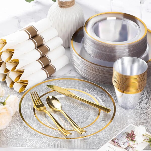 350 Piece Gold Plastic Dinnerware Set for Party Clear Disposable Plates for 50 Guests Include 50 Dinner Plastic Plates