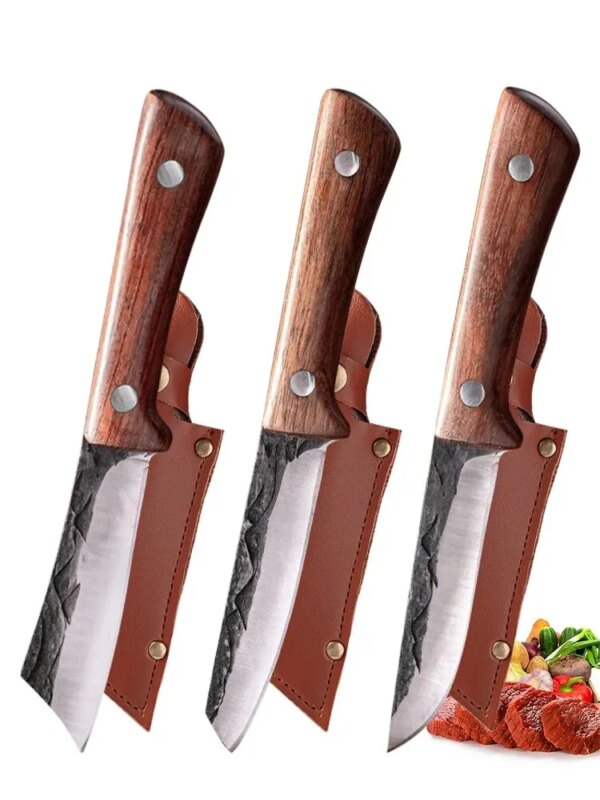 3PCS Meat Cleaver Knife Set Forged 5Cr15Mov Stainless Steel Camping Fishing Knife Fruit Butcher Boning Kitchen Chef Knife