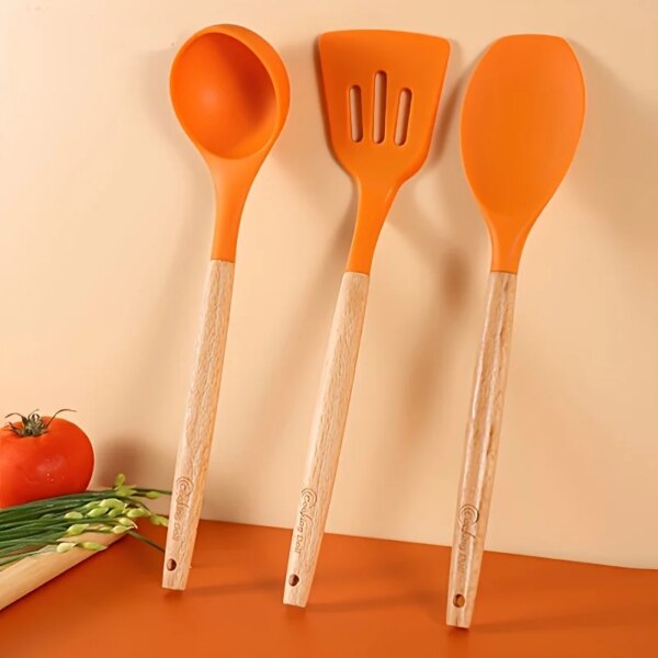 3Pcs Cooking Utensils Set Nonstick Silicone Cookware Heat Resistant Protable Orange Ladle Spoon Reusable Kitchen Gadgets Tools