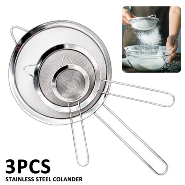 3Pcs Fine Mesh Stainless Steel Strainer Sieve Egg Filter Colanders Coffee Tea Vegtables Filtering Food Kitchen Accessories Set