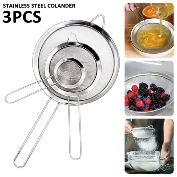 3Pcs Fine Mesh Strainer Stainless Steel Colander Sieve Sifter 8/14/20cm Kitchen Flour Filter Metal Strainer Set with Long Handle