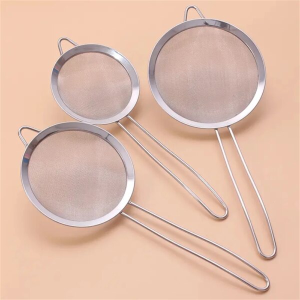 3pcs Stainless Steel Mesh Strainers Set - Small, Medium, Large Sizes with Sturdy Handle and Hook - for Easy Cooking and Baking