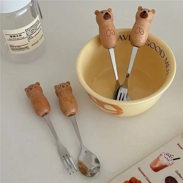 3pcs/set 430 Stainless Steel Creative Cartoon Cute Wooden Handle Tableware Dessert Spoon Coffee Stirring Spoon Fruit Fork