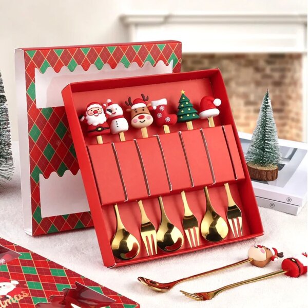 4/6Pcs Food-Grade Stainless Steel Cutlery Set Christmas Style In Gift Box, Dessert Cake Fruit Coffee Spoon Christmas Gift