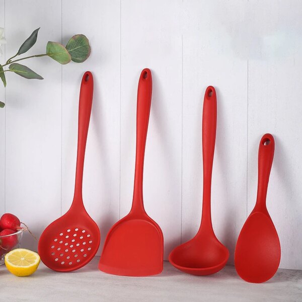 4-Piece Silicone Kitchen Utensil Set with Non-Stick Pans, Silicone Spatula, Soup Ladle, Slotted Spoon, Cooking Tools for Kitchen