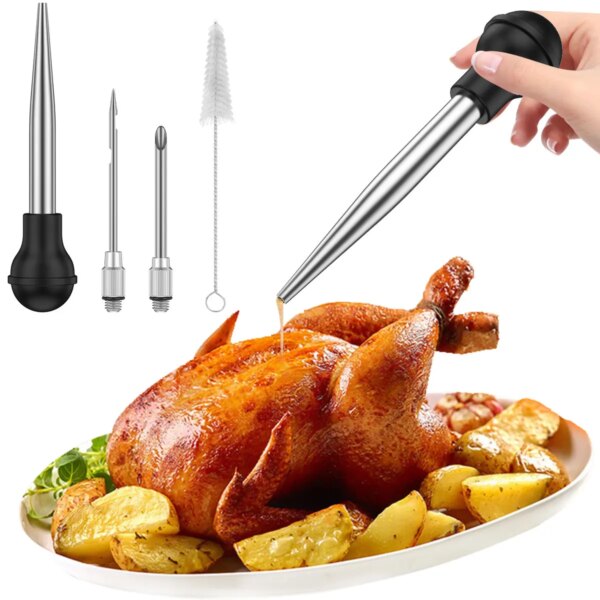 4 pcs Stainless Steel Turkey Baster Set Meat Marinade Injector Needle with 2 Needles Silicone Bulb and Brush for Kitchen Cooking