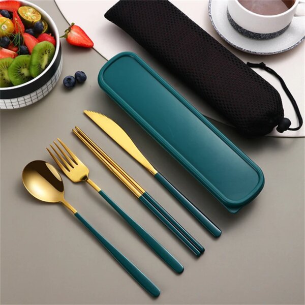 4Pcs Portable Tableware Set Stainless Steel Cutlery Eco Friendly Travel Dinnerware Box Kit Picnic Tableware Camping Flatware Set