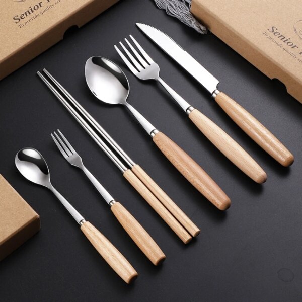 4Pcs Stainless Wooden Handle Cutlery Set Portable Tableware Knife Fork Spoon Chopsticks Fashionable Kitchen Utensils