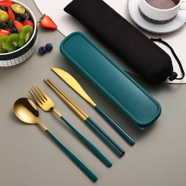 4Pcs Tableware Set Portable Cutlery Set Dinnerware Set Stainless Steel Knife Fork Spoon Stick Travel Flatware with Box