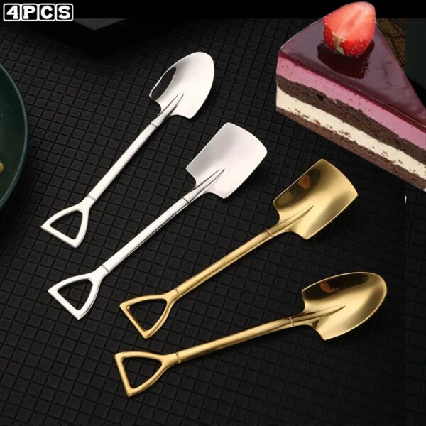 4pcs Golden Dinnerware Set Stainless Steel Cute Shovel Shape Dessert Fruit Ice Cream Coffee Mini Spoon Teaspoon Kitchen Utensils