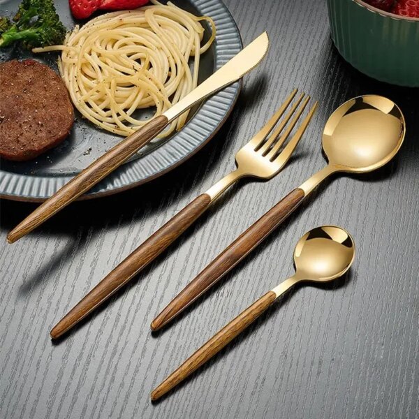 4pcs Stainless Steel Imitation Wooden Handle Cutlery Set Dinnerware Clamp Western Tableware Knife Fork Tea Spoon