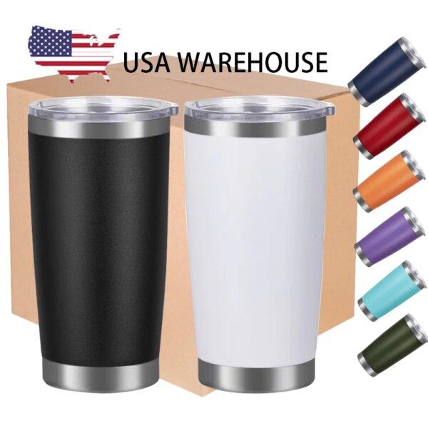 50PACK USA Warehouse Stainless Steel Coffee Car Cups Powder Coated Double Wall Vacuum 20oz Tumbler with Lid