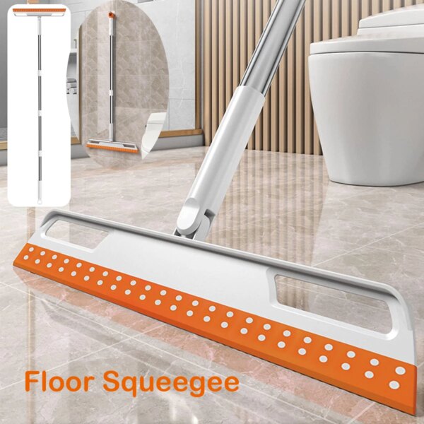 56 inch Floor Squeegee Bathroom Toilet Wiper Magic Broom Sweeping with 4 Removable Poles 180° Adjustable Silicone Floor Wiper