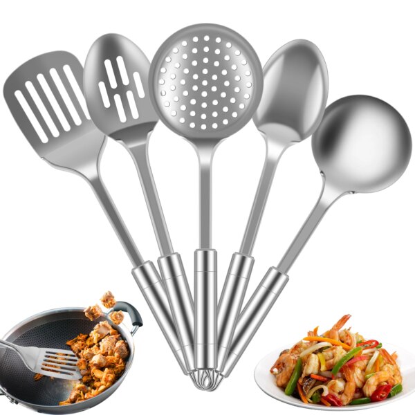 5Pcs Kitchen Cooking Utensils Set Stainless Steel Cooking Tools Reusable Kitchen Gadgets Washable Spoons Spatula Cookware Set