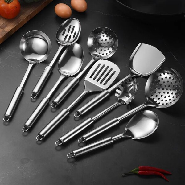 5Pcs Kitchen Cooking Utensils Set Stainless Steel Strainer Spoon Slotted Spatula Long Handle Dense Spoon Household Gadget