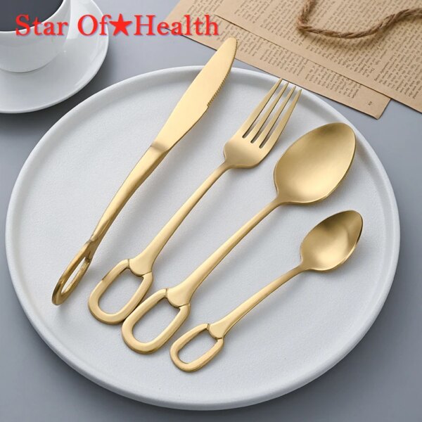 5Pcs Luxury Tableware Set Stainless Steel Cutlery Creativity European Style Knife Fork Spoon Elegant Dinnerware Hangable Cutlery