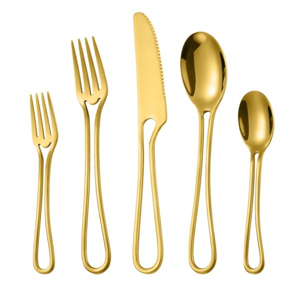 5Pcs Mirror Gold Stainless Steel Western Food Tableware Hollowed Out Handle Dinner Knife Fork Spoon Flatware Silverware Set