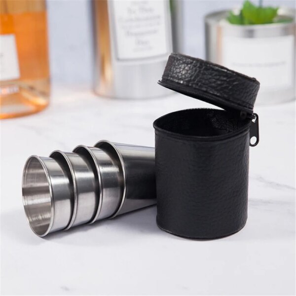 5pcs Hip Flask Cup 30ml Vodka Cup PU Holster Stainless Steel Mini Wine Tumbler Portable Personalized Shot Glass Set