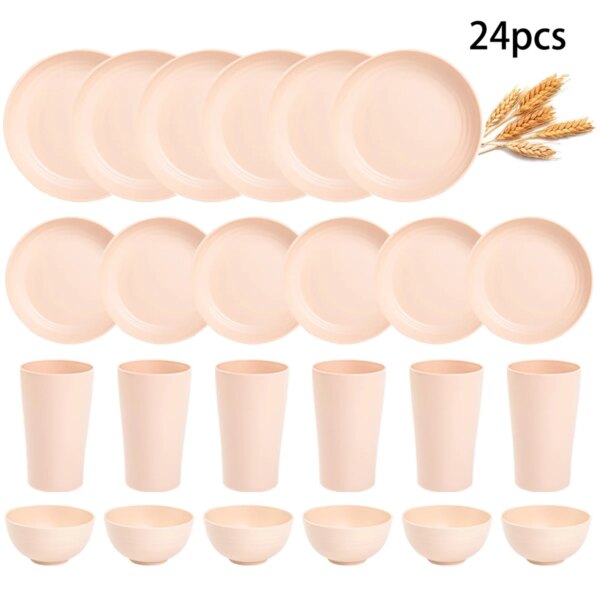 6/24pcs Pink Wheat Straw Cutlery Set Dishes Bowls Disk Water Cup Tableware Plastic Unbreakable Polypropylene Kitchen Dinnerware