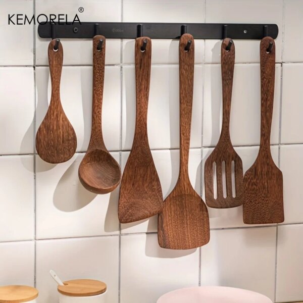 6PCS Kitchen Wooden Kitchen Utensils Set Shovel Soup Spoon Rice Spoon A Good Helper For Kitchen Cooking Multi-Functional Use