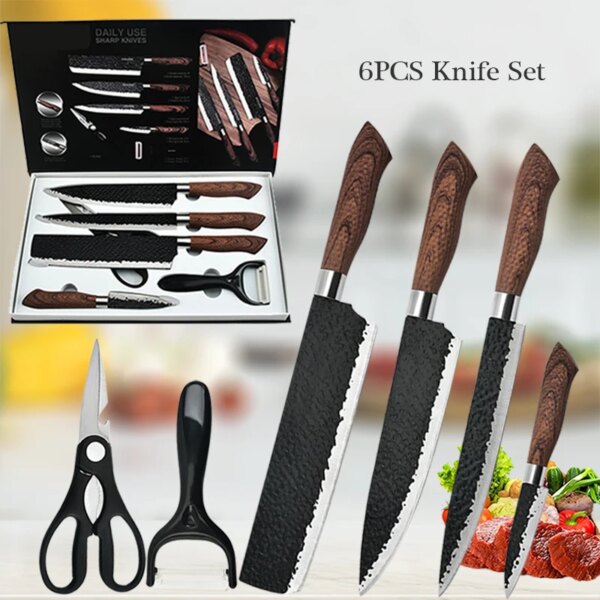 6PCS Stainless Steel Kitchen Knives Set Chef Nakiri Paring Knife Cleaver Scissors Ceramic Peeler Cutting Knife Gift Case