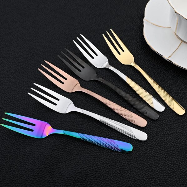 6Pcs Cutlery Stainless Steel Dinner Fruit Fork Colourful Cake Forks With Long Handle Tea Spoons Set for Hotel Party