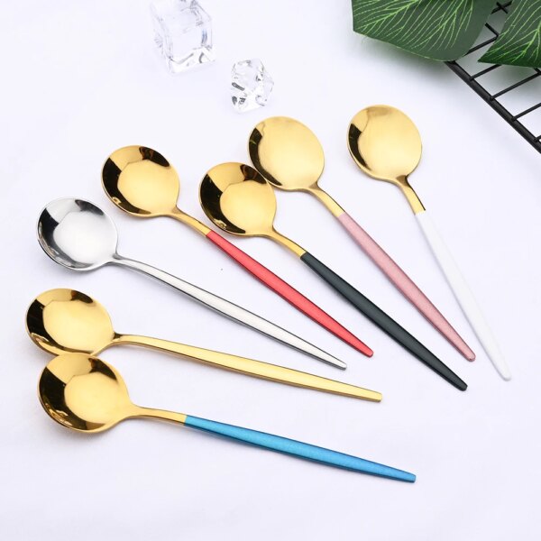 6Pcs/Set Teaspoon Stainless Steel Flatware Colorful Cake Fruit Spoons Dessert Small Coffee Spoon Snack Kitchen Dinnerware Tools