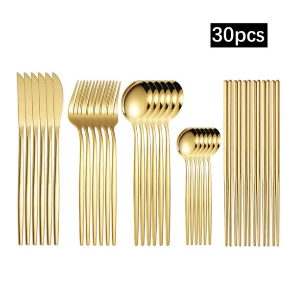 6pcs/30pcs Golden stainless steel Portuguese cutlery knife fork spoon tea spoon chopsticks upscale cutlery set