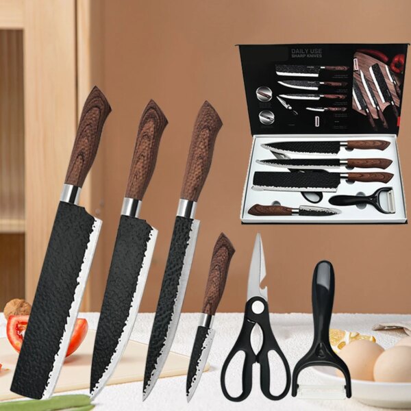 6pcs Chef Knives Set Pro Nakiri Paring Slicing Knife Razor Sharp Scissors Fruit Peeler Stainless Steel Utility Cutting Tools