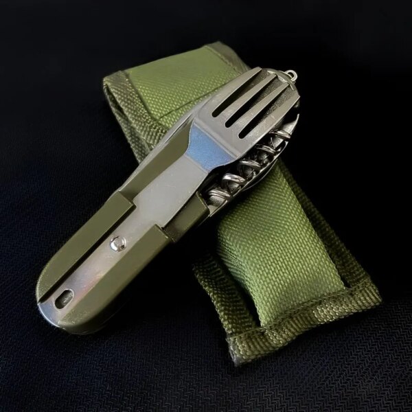 7 In 1 Multifunctional Outdoor Tableware Stainless Steel Foldable Fork Spoon Knife Picnic Camping Hiking Travelling Dinnerware