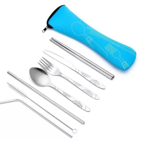 7Pcs/3Pcs Set Dinnerware Portable Printed Knifes Fork Spoon Stainless Steel Family Camping Steak Cutlery Tableware with Bag