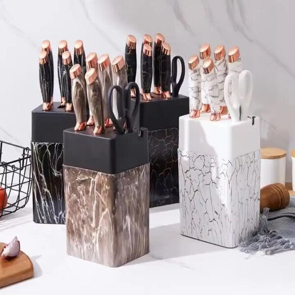 7pcs Kitchen Knife Sets Stainless Steel Chef Knife Bread Knife Marble Textured Handle Sets Tool Holder with Grinding Stone