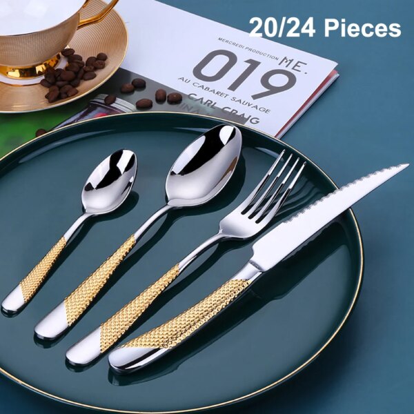 8/12/16/20/24Pcs Gold Plated Cutlery Set Kitchen Utensils Stainless Steel Western Tableware Sliver Fork Spoon Dishwasher Safe