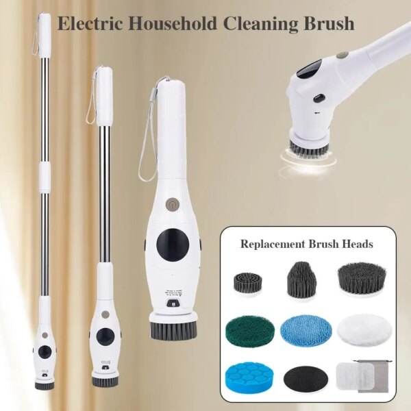 8 In 1 Household Electric Cleaning Brush Power Spin Scrubber LCD Screen LED Light For Kitchen Bathroom Toilet Cleaning Tool