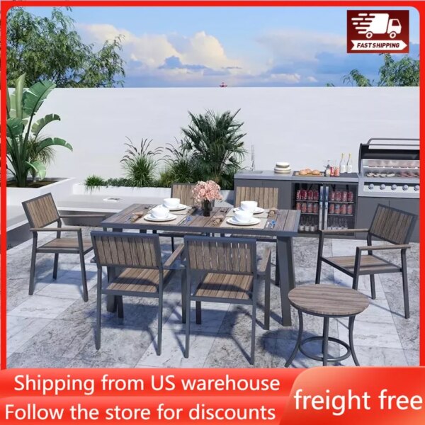 8-Piece Patio Dining Set，Outdoor Aluminum Furniture Set with Plastic-Wood Table,Outdoor Furniture Set with 6 Outdoor Furniture