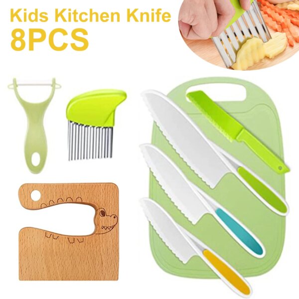 8Pcs Kids Cooking Cutter Set Plastic Children Fruit Knife Safe Toddler Toy to Cut Fruits Crinkle Kitchen Knives Kitchen Supplies