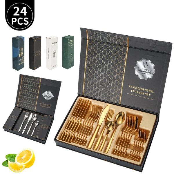 B Style 24-Piece Gold Cutlery Set Stainless Steel Cutlery Gift box Set - Mirror Polished Luxury Western Steak Knife And Spoon