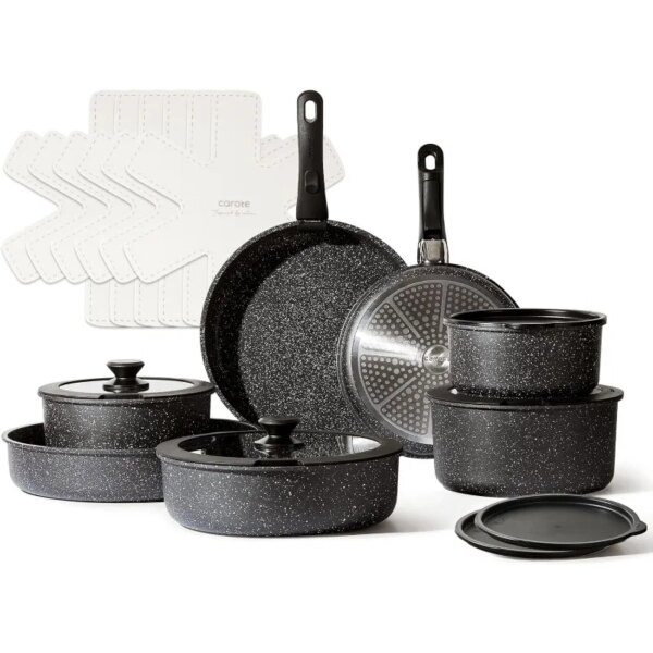 CAROTE 21pcs Detachable Handle Pots and Pan Set, Nonstick Induction Cookware, Removable Handle, RV Oven Safe Cookware