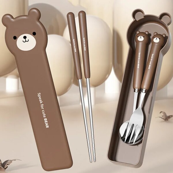 Cartoon Bear Cutlery Set with Case Stainless Steel Kids Fork Spoon Portable Cutlery Set Travel Tableware Reusable Flatware