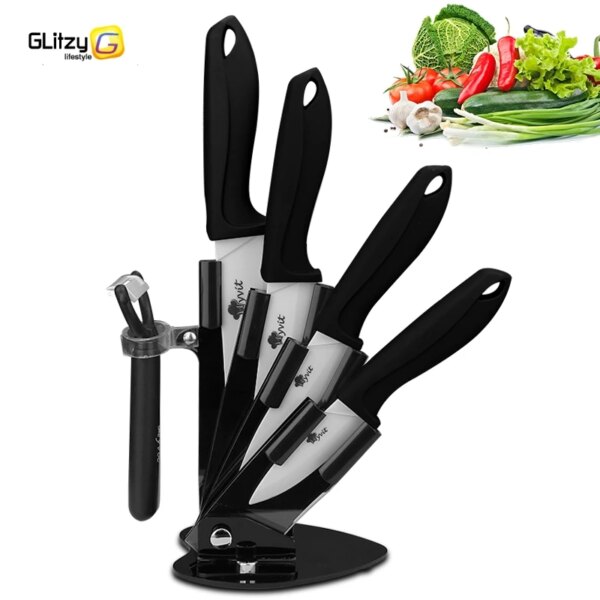 Ceramic Knives Set for Kitchen 3 4 5 6 Inch Utility Chef Knife Holder Fruit Peeler Sharp Bread Slicing White Blade Multicolor