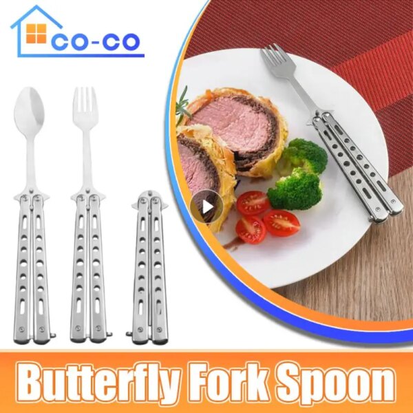 Complete Tableware Butterfly Spoon Folding SmallPortable Storage CampingTableware Hollow Process ButterflyKnife Fork KitchenTool